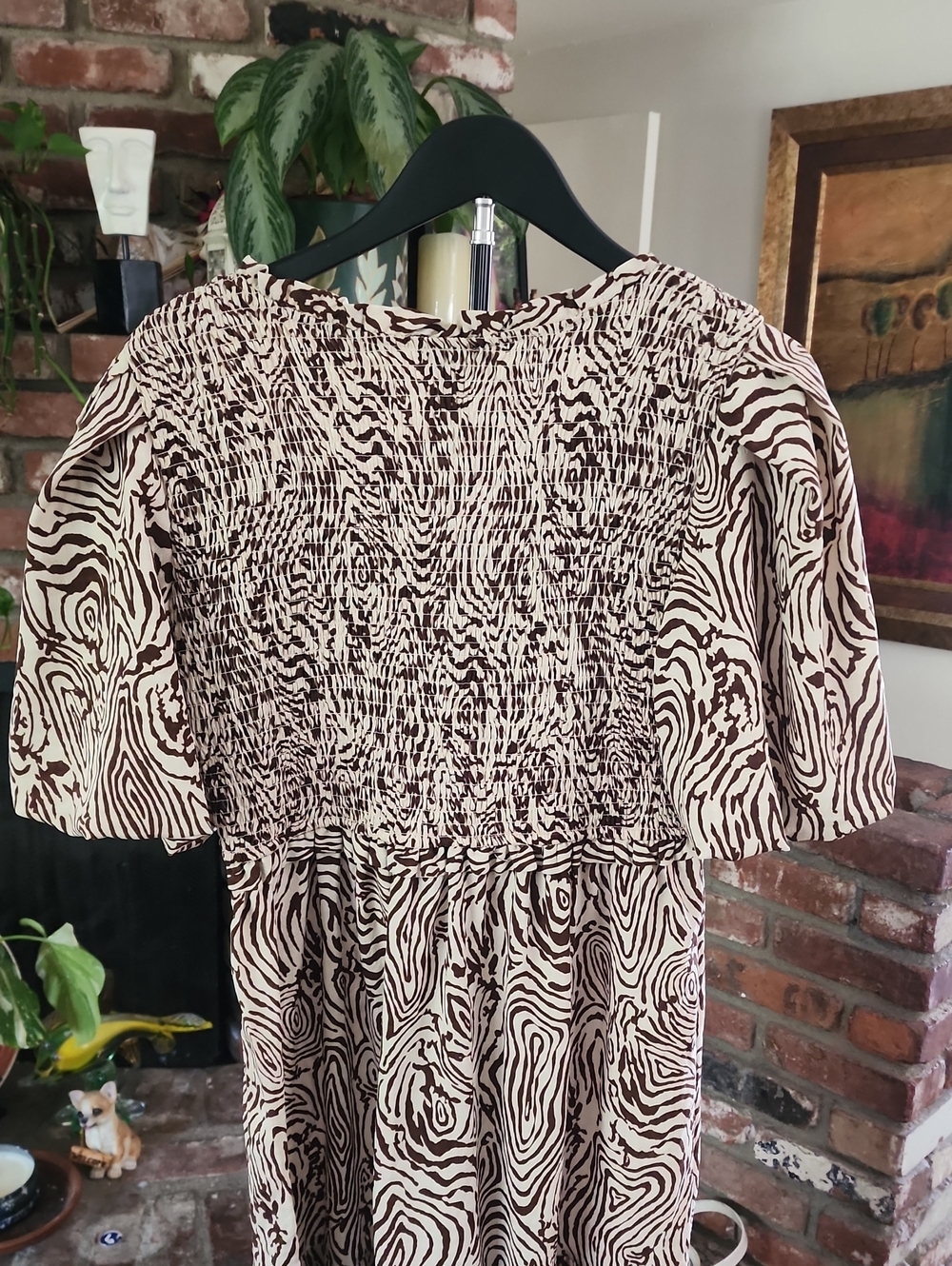 Moon River Brown Abstract Woodgrain Print Midi Dress Puff Sleeve Cottagecore Boh - Picture 6 of 11